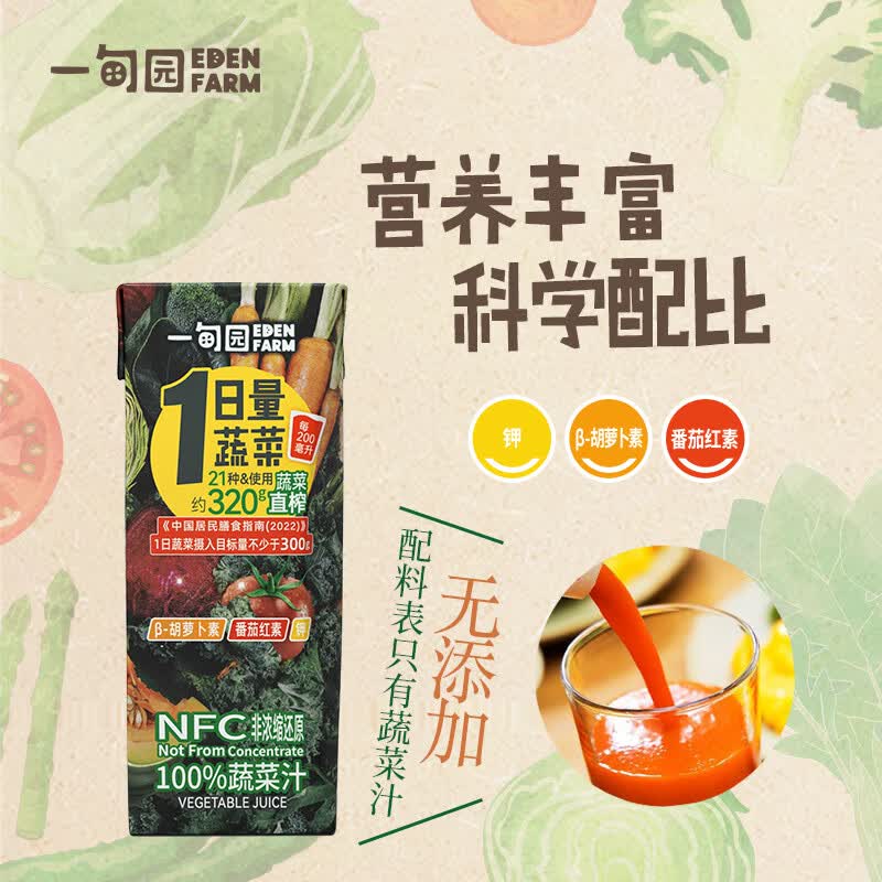 一甸园（Eden Farm）果蔬汁饮料NFC蔬菜汁番茄汁健康果汁儿童早餐饮品液体沙拉 100%NFC蔬菜汁200ml*10盒