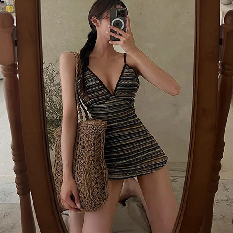 沐霓游泳衣女深v裙式露背比基尼小胸温泉泳装性感遮肚子连体裙式 XL 建议体重118-128斤