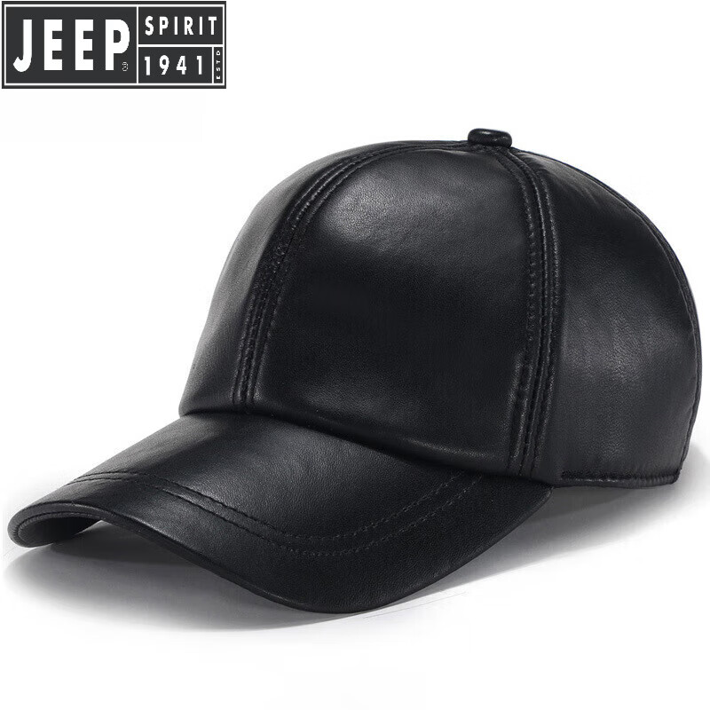 JEEP SPIRIT吉普真皮帽子男士冬季加絨羊皮保暖父親棒球帽中老年人鴨舌帽男帽 A0123黑色