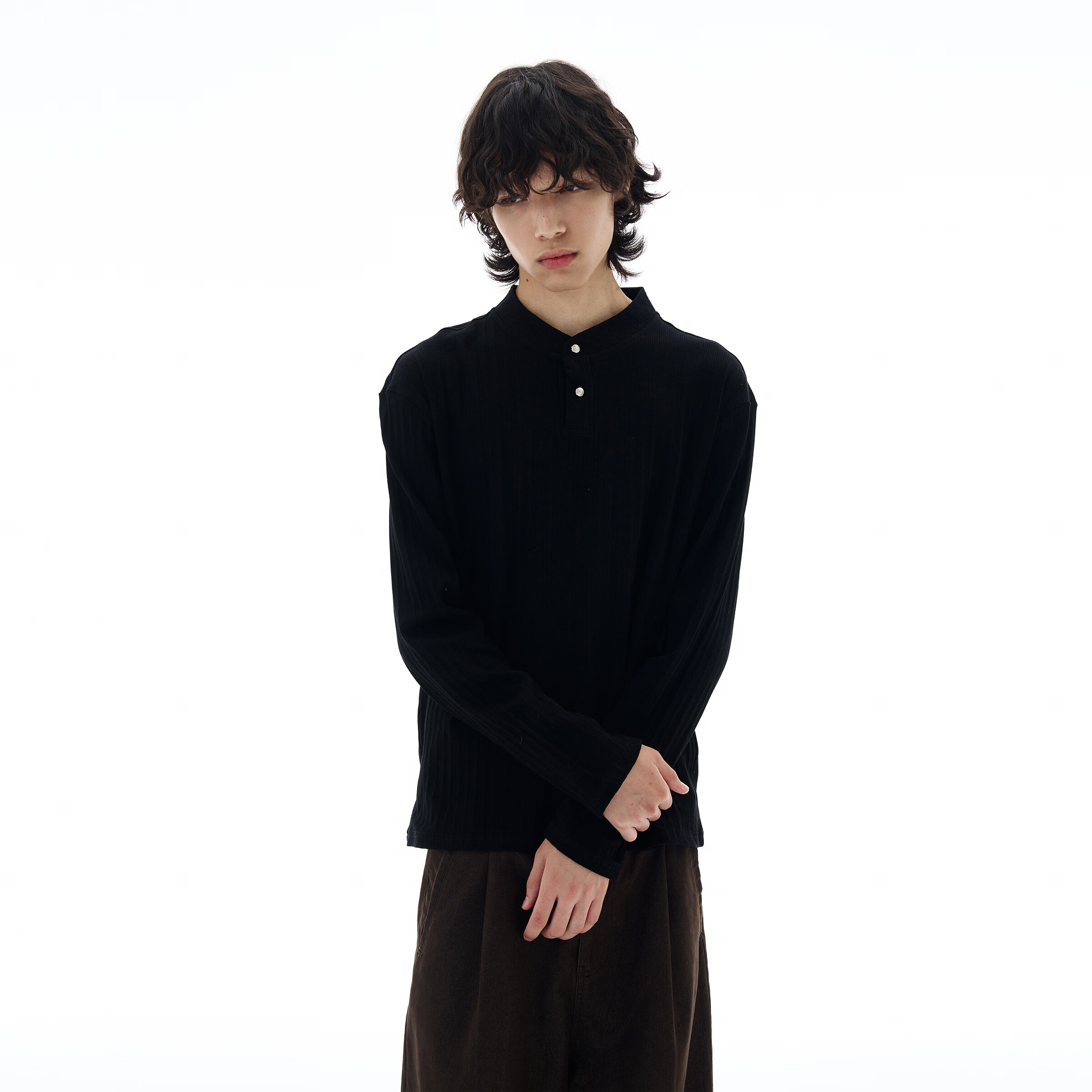 尾郎的店秋季美式肌理感亨利领针织衫男潮牌高级感小众上衣情侣潮新年 黑色 M