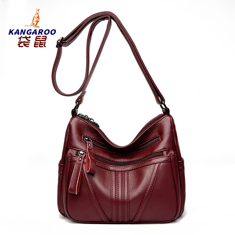 袋鼠(KANGAROO)包包女包2025新款高级感真皮单肩斜挎包大容量休闲百搭中年妈妈包 酒红色
