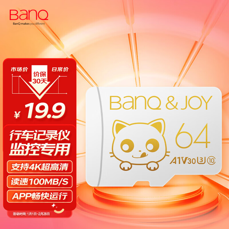 banq&JOY Card金卡 64GB TF（MicroSD）存储卡 U3 V30 C10 A1 4K 读速100MB/s 行车记录仪&监控摄像内存卡