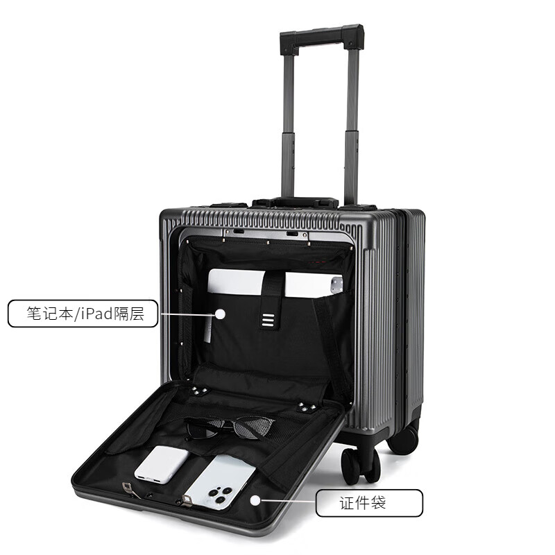 Walker Shop【轻奢品牌】行李箱铝框登机箱男女小型轻便多功能拉杆箱 深灰色 16英寸 【登机箱】
