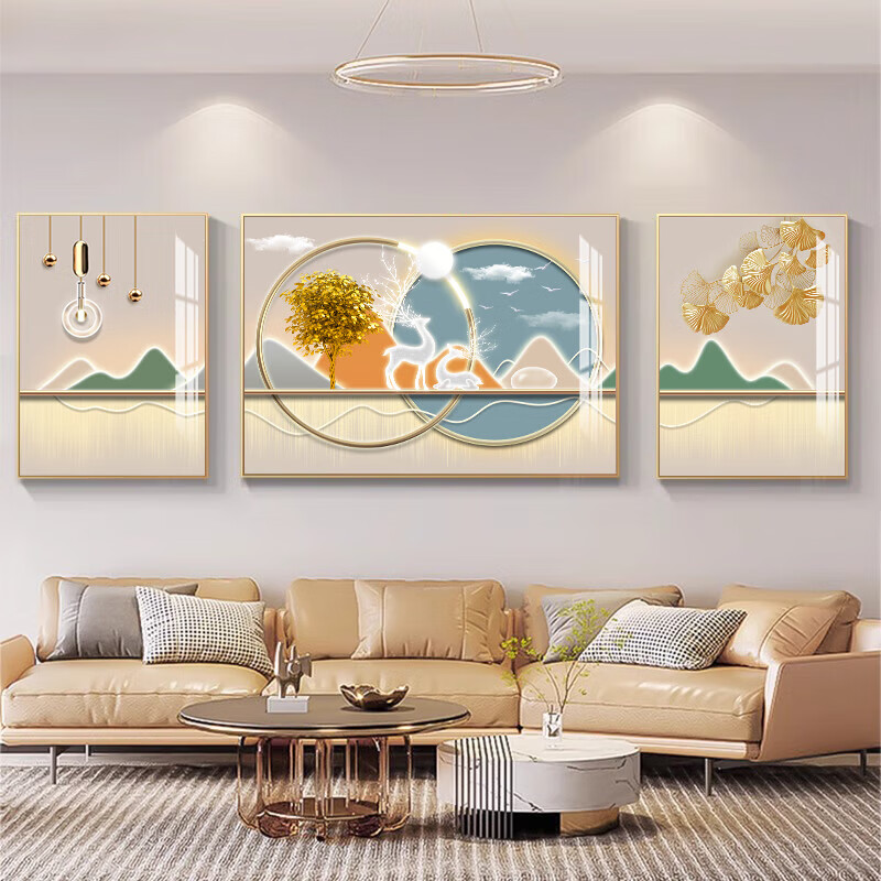 柳莺花燕轻奢新款沙发背景墙装饰画寓意好大气三联画现代简约客厅挂画 筑梦空间 小套(左右35X50+中70X50)亚光纹理 铝合金边框(默发金色框)