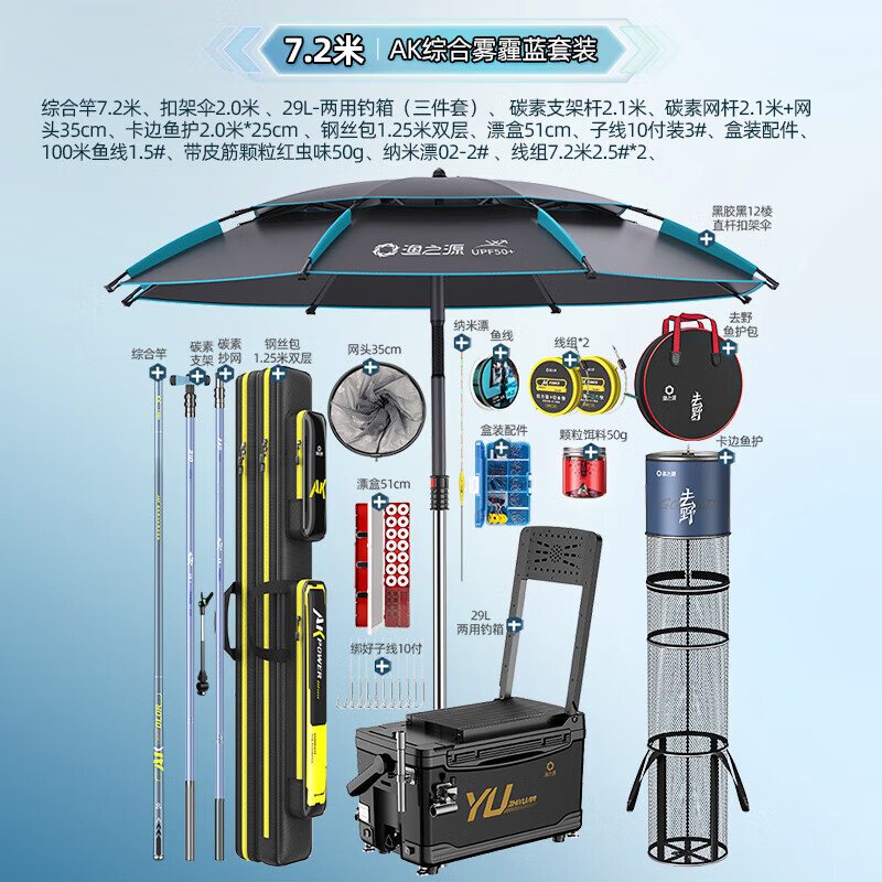 漁之源魚竿全套釣箱套裝漁具全套裝備釣傘魚竿套裝臺釣手竿魚具套裝送禮 7.2m ak綜合竿釣箱套裝【黑膠大傘】