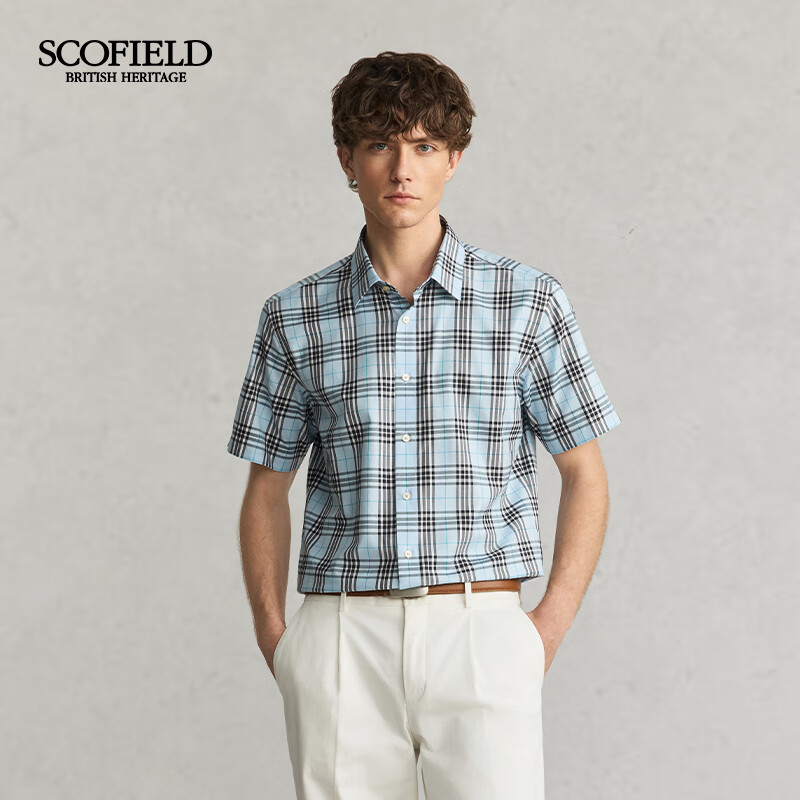 Scofield男士25夏季新品舒适棉质时尚休闲通勤经典格纹短袖衬衫 蓝色 L (175)