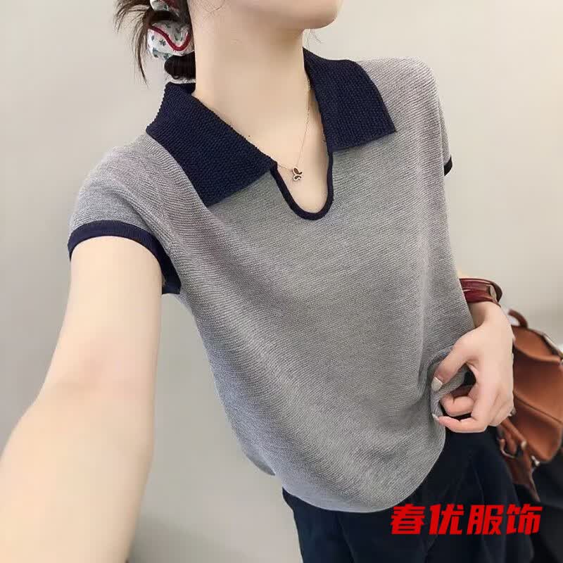 芭瑾图别致翻领撞色小众薄款针织衫夏季新款气质显瘦正肩短袖套头上衣女 灰色 L 110-120斤