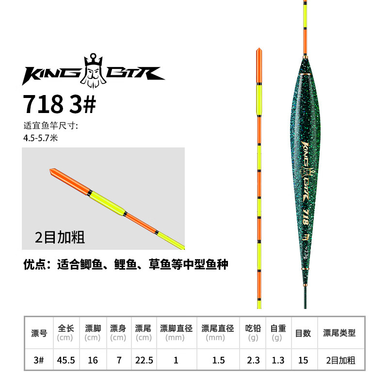 本?。˙enTing）汀（）漂敏浮漂鯽鯉納米漂鰱鳙大物加粗醒目 【KingBTR 718 3#】微納米浮漂 -