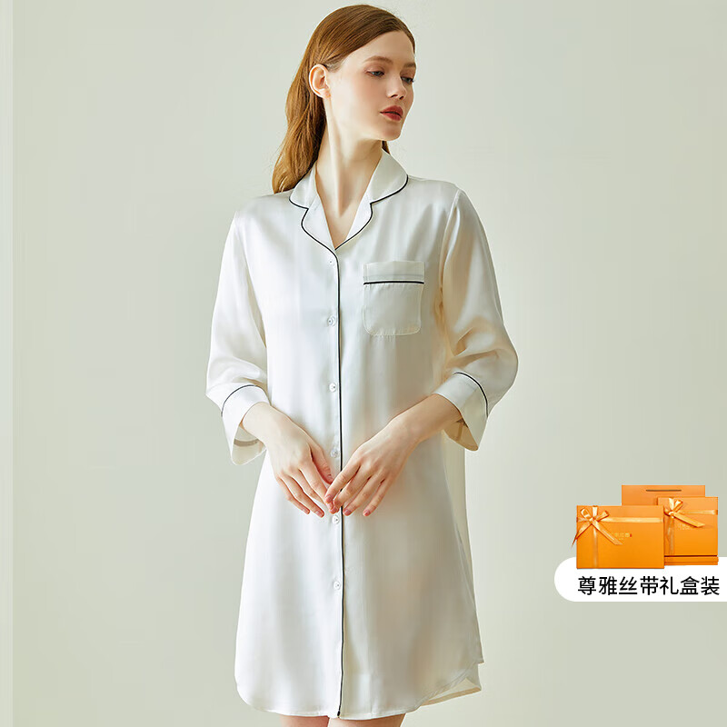 江南故事真丝衬衫睡裙100%桑蚕丝简约舒适纯色家居服短款开衫中袖睡衣礼物 米白 XL
