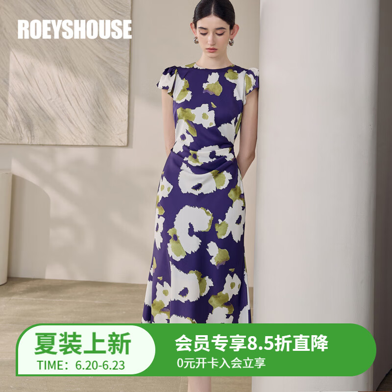 ROEYSHOUSE罗衣优雅泡泡袖收腰连衣裙2025夏季新款气质印花缎面鱼尾裙12278 花色 S