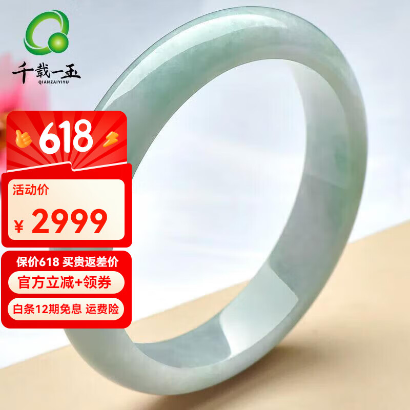 千載一玉保價(jià)618翡翠玉手鐲 女款淡綠玉鐲子珠寶玉石手鐲 約64毫米