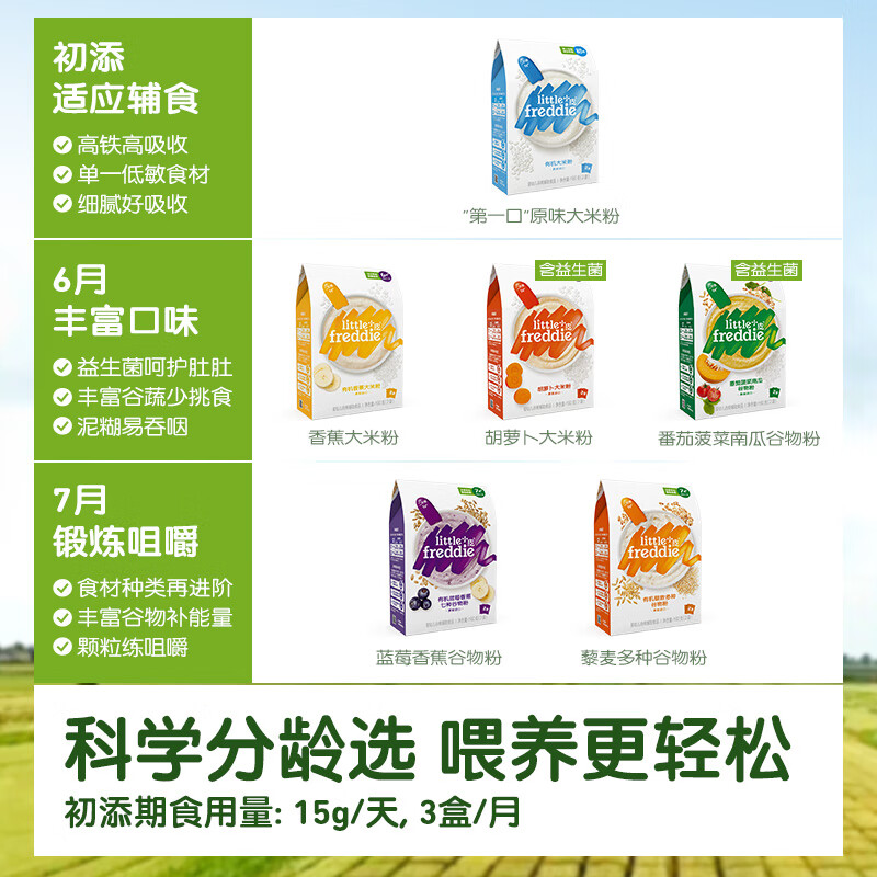 小皮(Little Freddie)【直播专享】米粉婴儿 有机高铁米粉宝宝营养辅食米糊6个月 4到6月+ 原味有机大米粉 160g*3盒