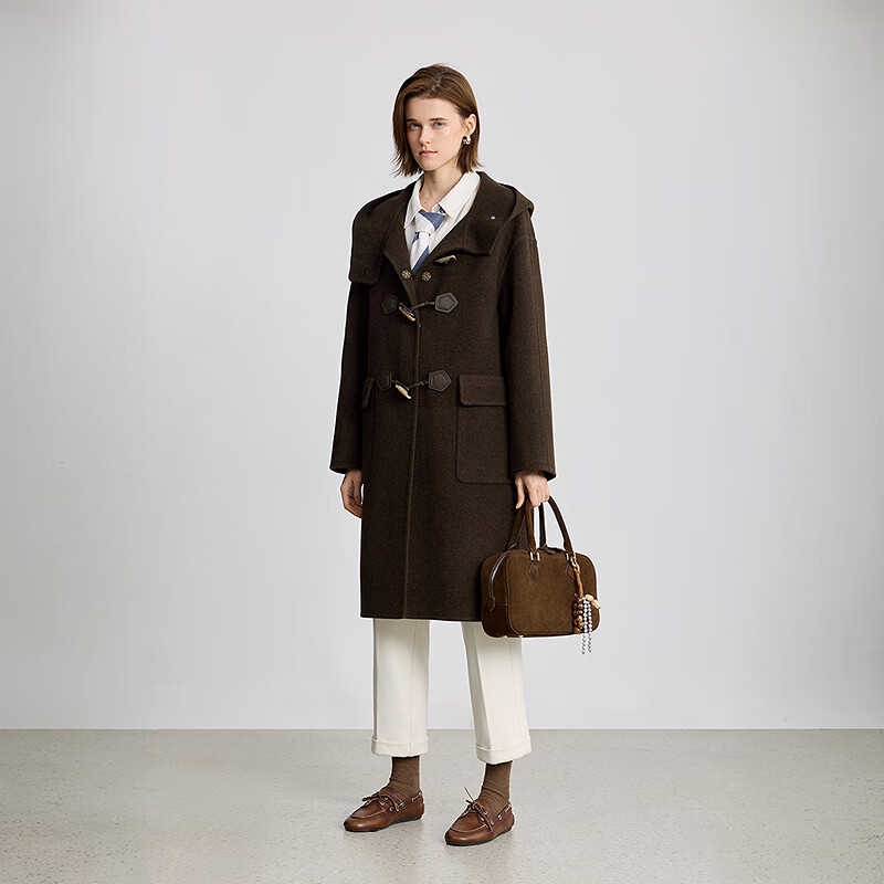 LILY100%羊毛2025冬新款女装复古学院风牛角扣双面呢毛呢大衣外套 308橄榄绿 M