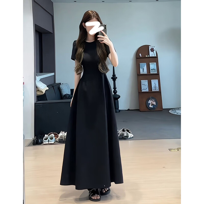 GARNUO法式赫本风黑色连衣裙子女夏季2026新款高级感礼服裙气质收腰长裙 黑色【短袖长款】 M 【101-110斤】