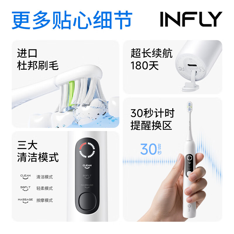 infly因范扫振电动牙刷T34智能圆屏4区男女朋友成人情侣款扫振不打牙 漏刷提醒款星踪绿