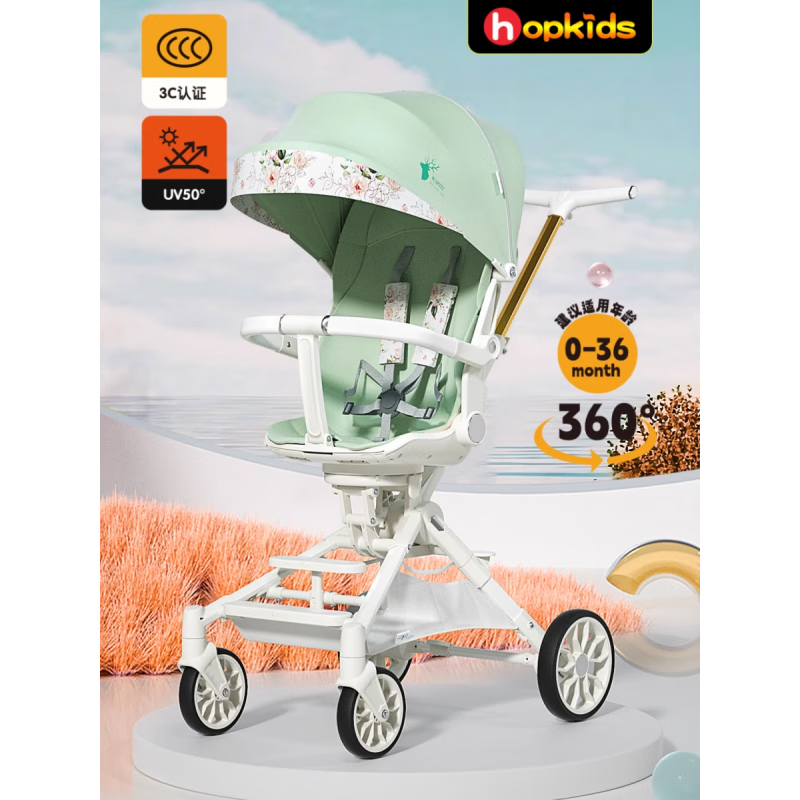 hopkids遛娃婴儿推车轻便可折叠可坐可躺宝宝双向高景观 旗舰D88清新绿_可拖行_加大轮_双