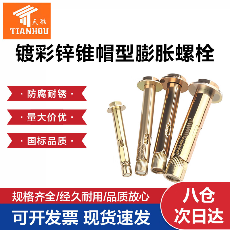 天猴锥帽型膨胀螺栓 外六角内膨胀螺丝爆炸内置管澎胀拉爆 碳钢镀彩锌 M10*100(30个装