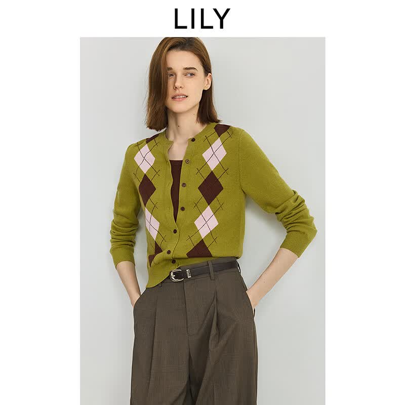 LILY100%美丽诺绵羊毛2025秋新款女装学院风撞色菱格针织开衫外套 301绿色 S