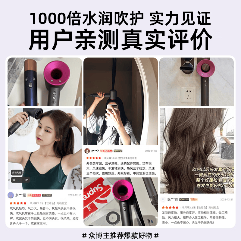 DIKTT【德国品牌】吹风机家用轻音负离子大功率不伤发电吹风女生专用家用正品不伤发轻音秒干护发吹风无 【玫红色 单风嘴】30亿负离子 生日礼物礼盒装