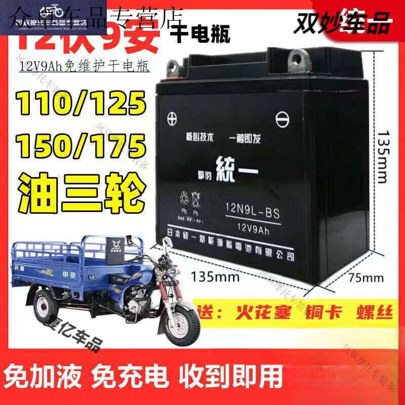 行后燃油三轮车110/125/150/175宗申福田免维护12V9A干电瓶 110-178燃