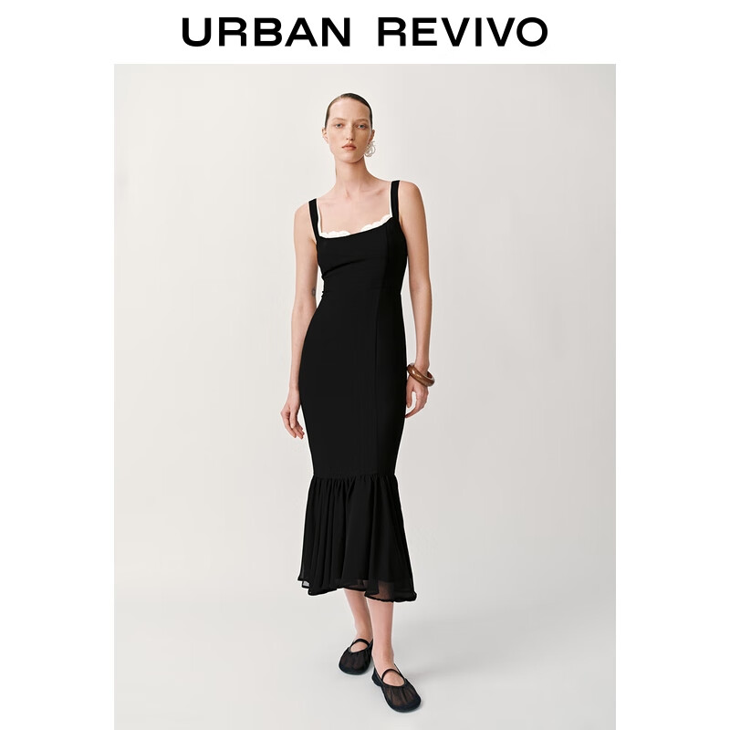 UR2025夏季新款女装法式拼接蕾丝修身吊带连衣裙UWG750138 正黑 M