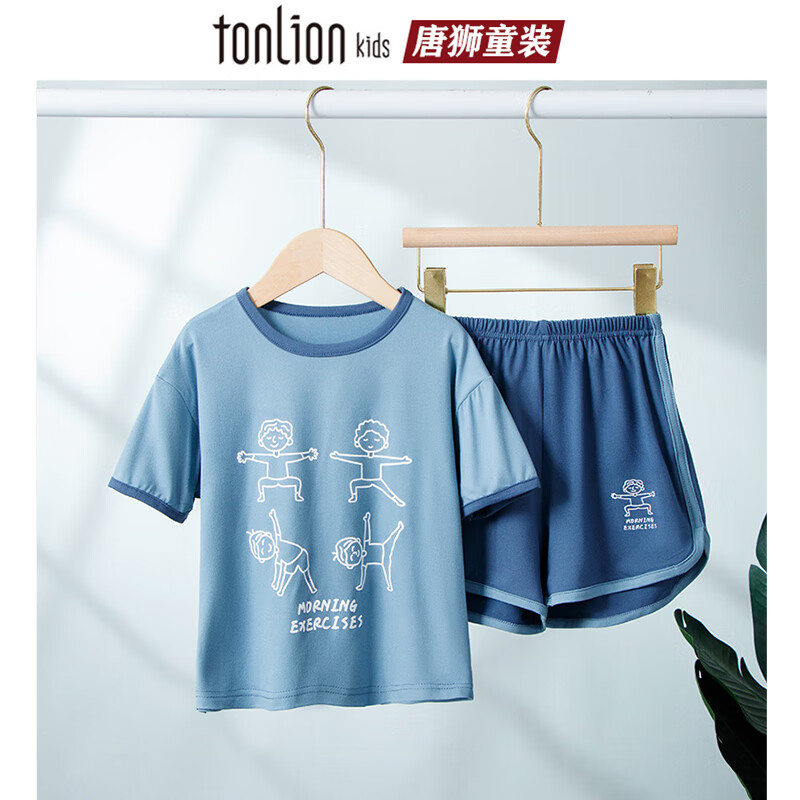 唐狮童装儿童短袖短裤亲子装套装夏季男女童冰丝运动服套装新款中大童半袖 卡通蓝色 短袖加短裤 180 建议身高170-175cm