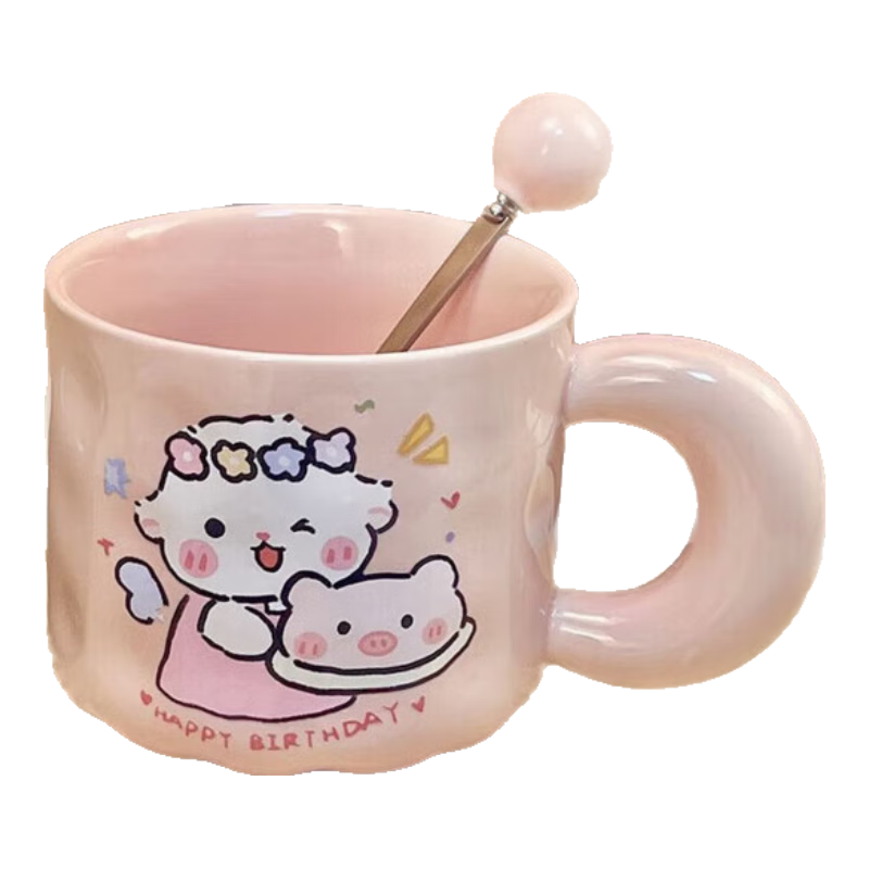 可爱fufu生日蛋糕马克杯带盖勺陶瓷杯送女生高颜值有意义生日礼物 小猪生日蛋糕杯+勺1个350ml