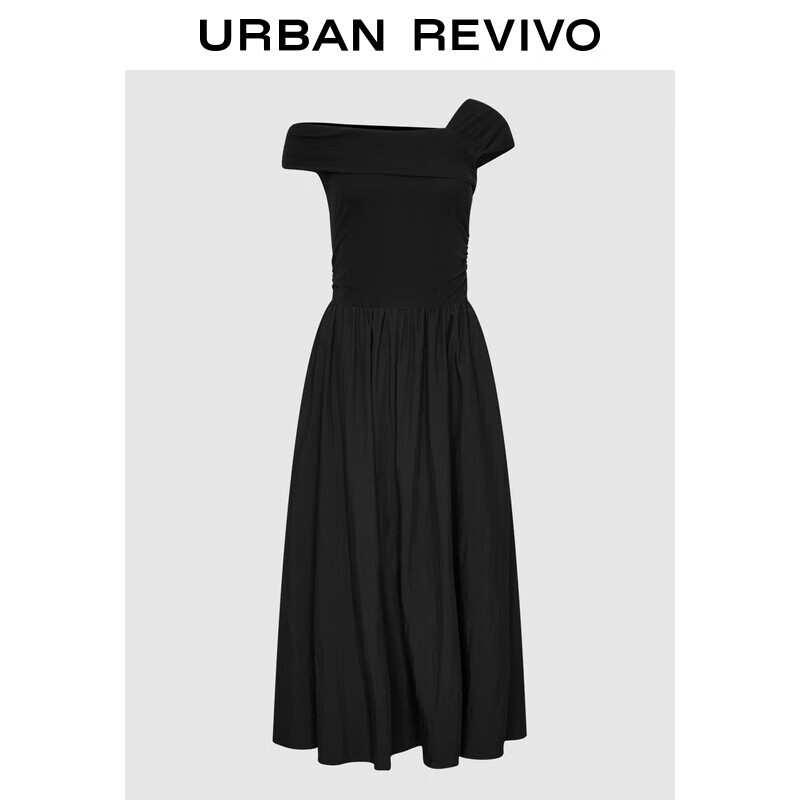 UR2025秋季新款女装法式斜肩领收腰小黑裙连衣裙UWG750223