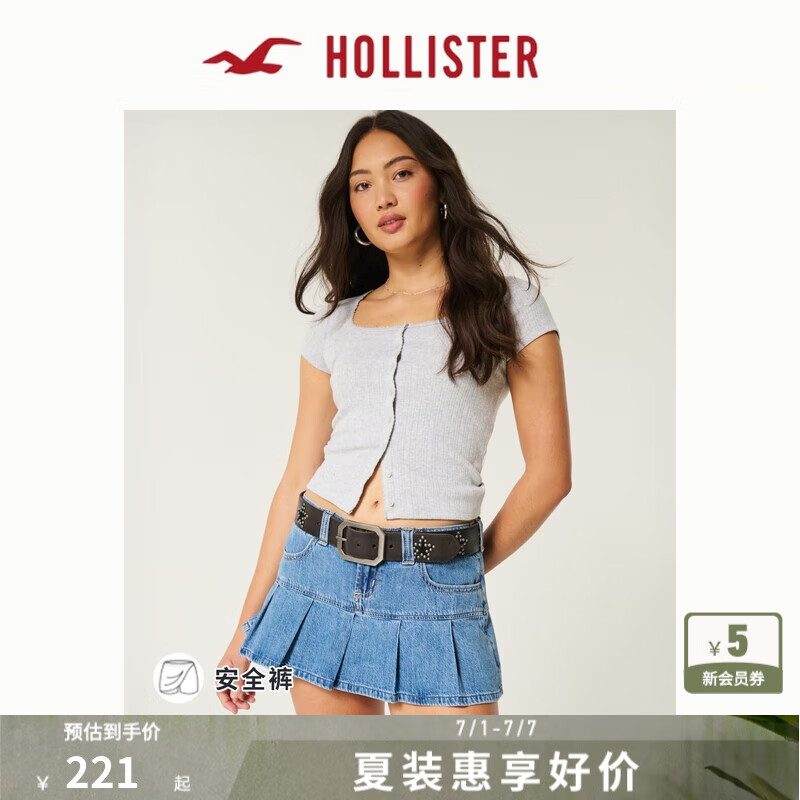 HOLLISTER25夏季新款Y2K辣妹Miu系百褶裙褲牛仔裙女裝KI343-5143 淺色水洗 XS 160/66A 2標(biāo)準(zhǔn)版