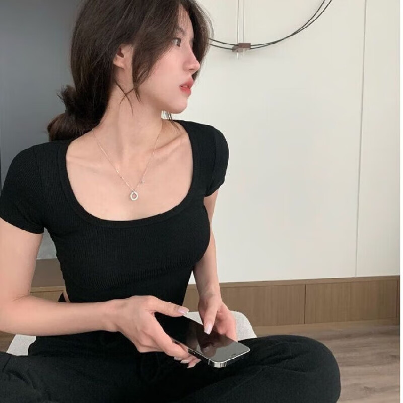 |设计感小众不规则方领短袖t恤女夏短款高腰露脐辣妹修身显瘦上衣 白色【高弹力款】 S