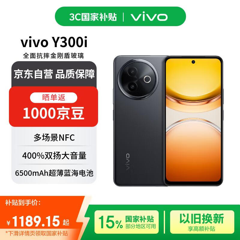 vivo Y300i 12GB+256GB 墨玉黑 全面抗摔金刚盾玻璃 6500mAh超薄电池 双扬大音量【赠话费券】国家补贴