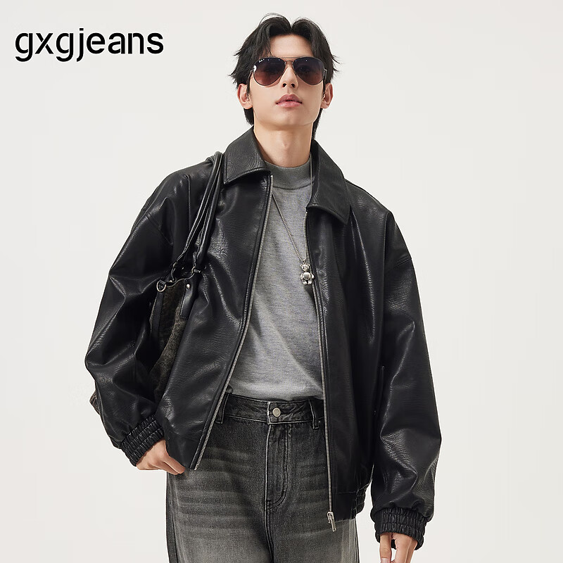 gxgjeans男装  pu皮简约休闲时尚宽松翻领夹克外套男士 25秋新品 黑色 L (175)