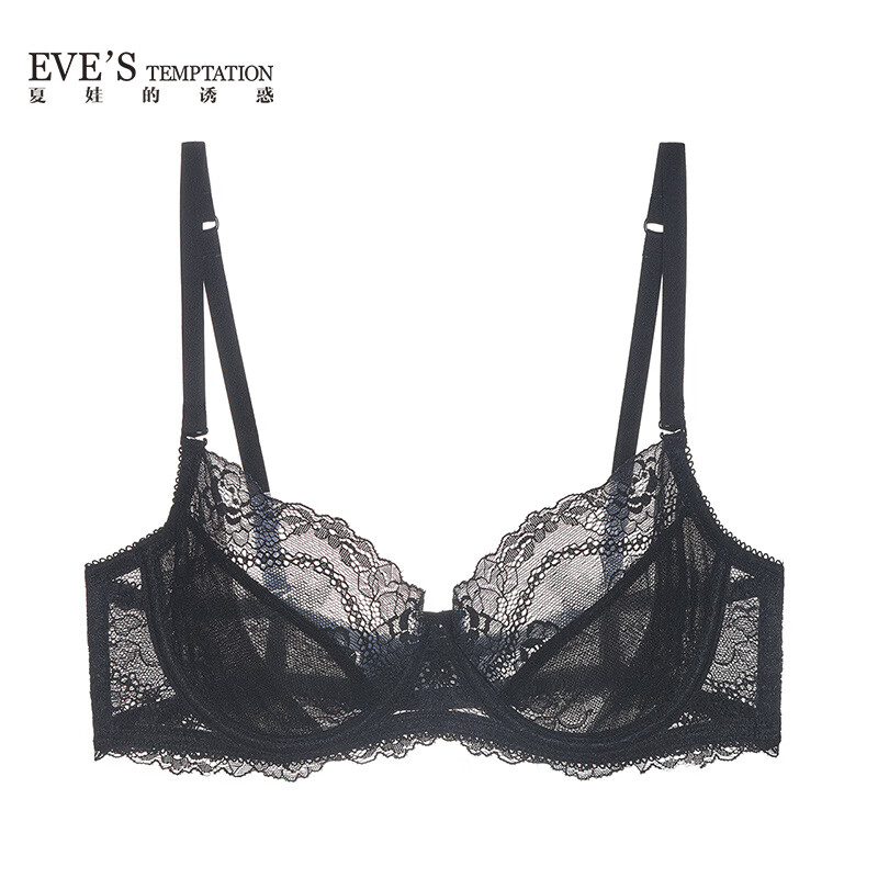 夏娃的誘惑繽紛組法式內衣女大胸顯小性感蕾絲文胸超薄透氣上托防下垂胸罩 黑色 80B