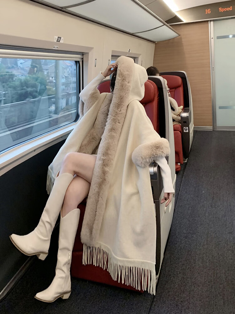 针织开衫毛衣外套秋冬新款时尚洋气高档女装毛领披肩两用斗篷可穿 米白色 XL