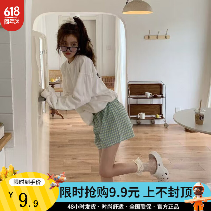 舒百蕊拥抱夏天家居裤少女格子睡裤凉快透气超薄短裤宽松遮跨显瘦韩版 格子短裤-蓝色 关注店铺先发货 均码 【推荐60-140斤】