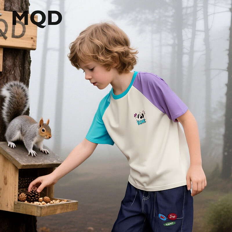 马骑顿（MQD）男大童夏季新品学院风撞色插肩袖卡通短袖上衣亲肤T恤跑步 紫色 140