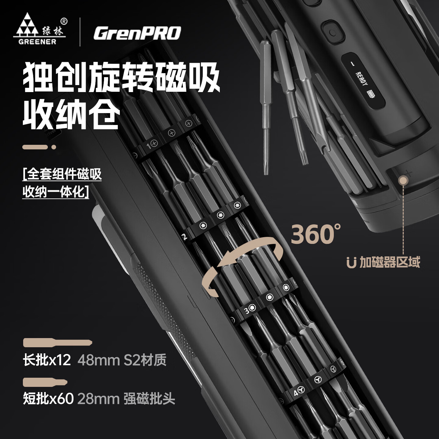 绿林（GREENER）电动螺丝刀充电式家用小型精密起子机多功能电动起子电批套装 【5档扭力+星闪灯】78件套精修电动-闪电旋转仓