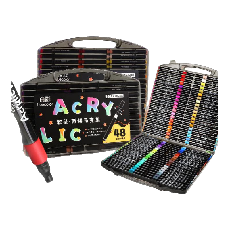 真彩丙烯馬克筆不透色可疊色兒童水彩筆筆芯小學生美術專用幼兒園無毒可水洗24/80色丙稀畫筆軟頭白色 【升級軟頭加量50%】24色圓桿+高端黑盒