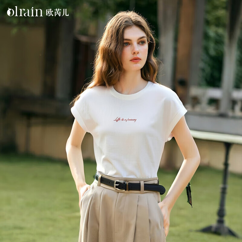 Olrain欧芮儿夏季新款白色设计感T恤修身字母圆领女短袖上衣 米白色 L