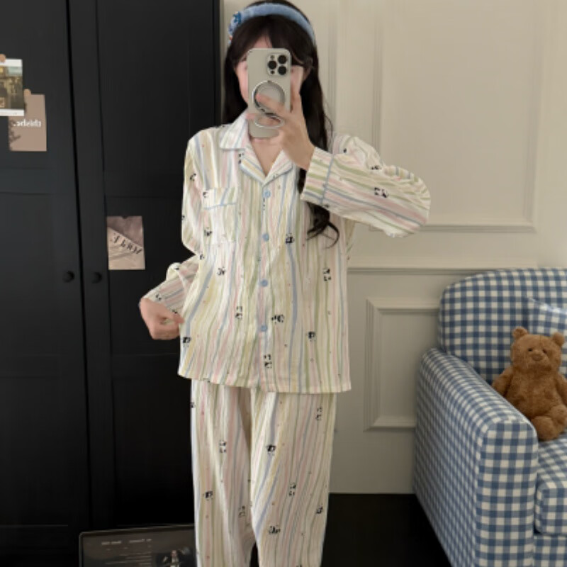萧淑妃蜡笔小新睡衣女春秋季纯棉ins卡通青少年学生长袖开衫家居服套装 熊猫 M