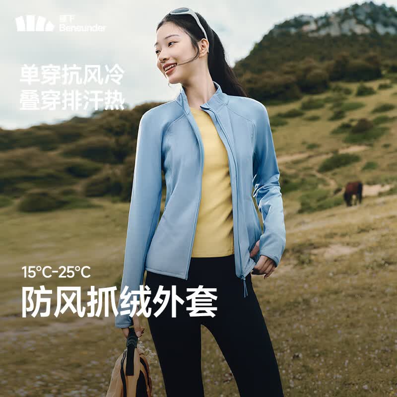 蕉下女士防风微绒外套秋抓绒上衣新款修身内胆轻薄高弹户外休闲摇粒绒 清烟蓝 S