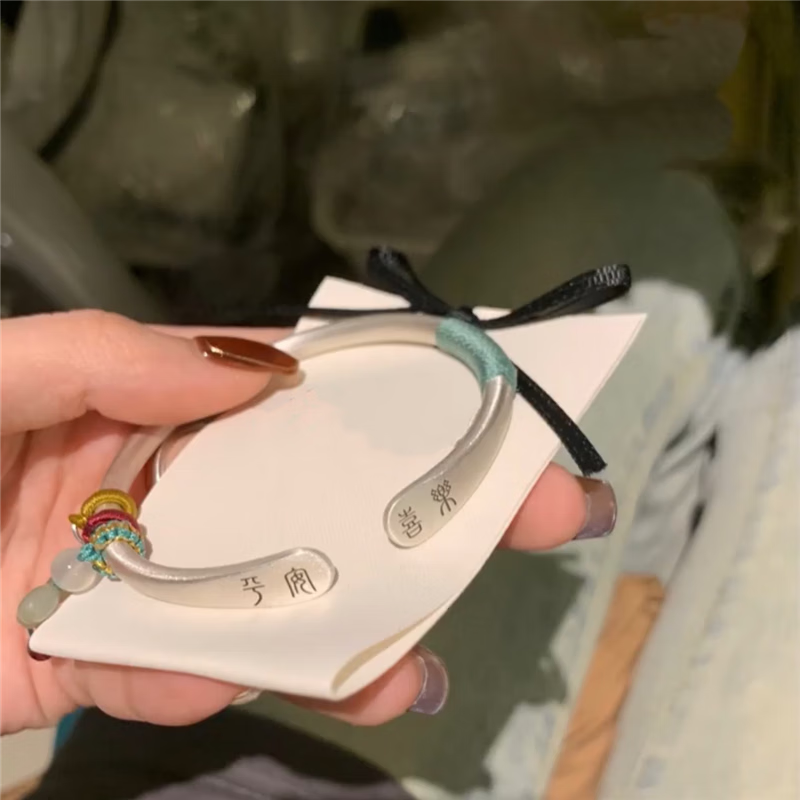 老凰祥祥云纯银手镯S999足银镯子送闺蜜生日礼物女生送女友母亲节 平安喜乐开口绿绳 礼盒证书+代写