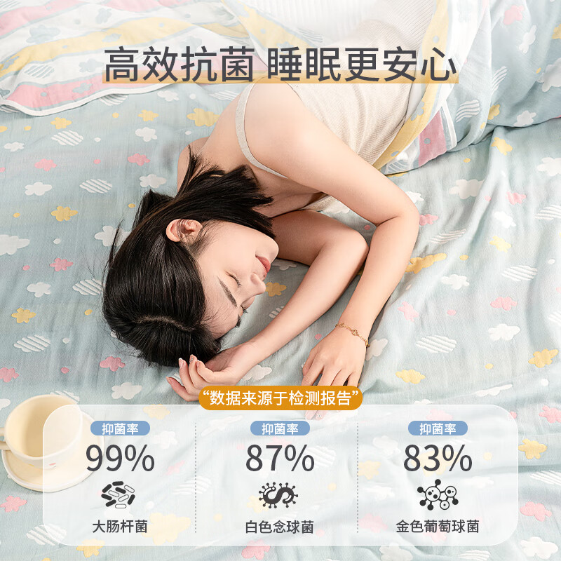 恒源祥六层纱布毛巾被纯棉夏凉空调被薄被全棉儿童学生午睡夏季毯子 彩云蓝【六层】 200×240cm