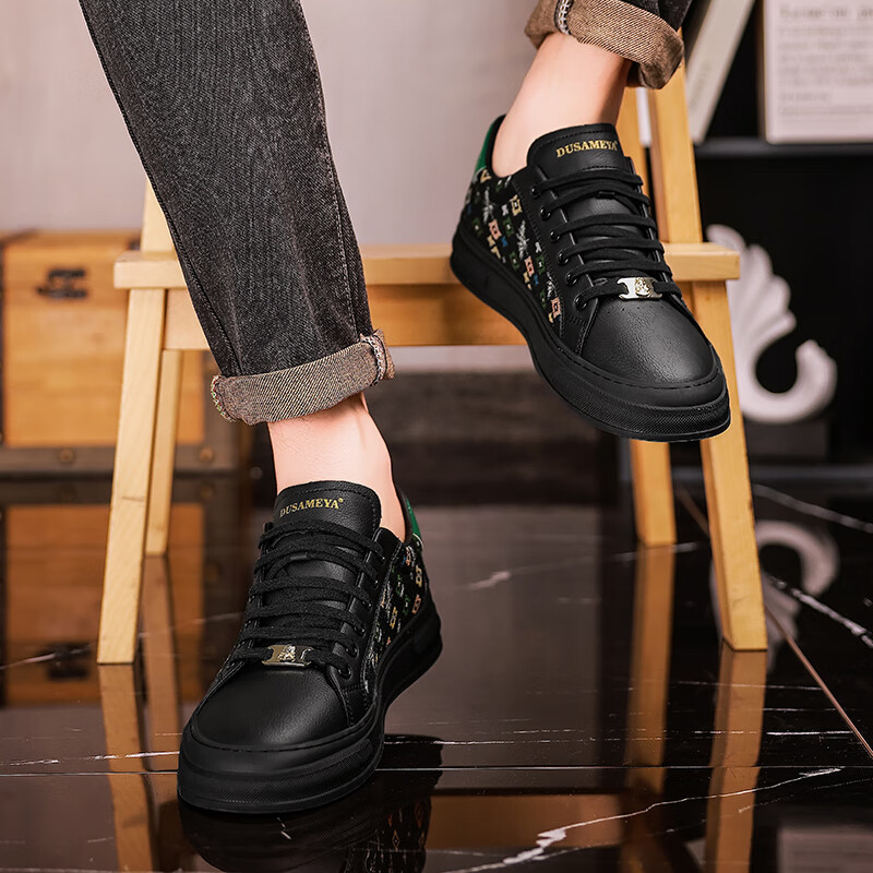 杜莎米娅夏季男鞋潮流新款透气小白鞋重工刺绣手工男士休闲鞋低帮防滑板鞋 黑色 44