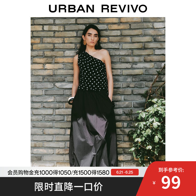 UR2025夏季新款女装复古撞色波点斜肩领罩衫衬衫UWH250102 黑色印花 S