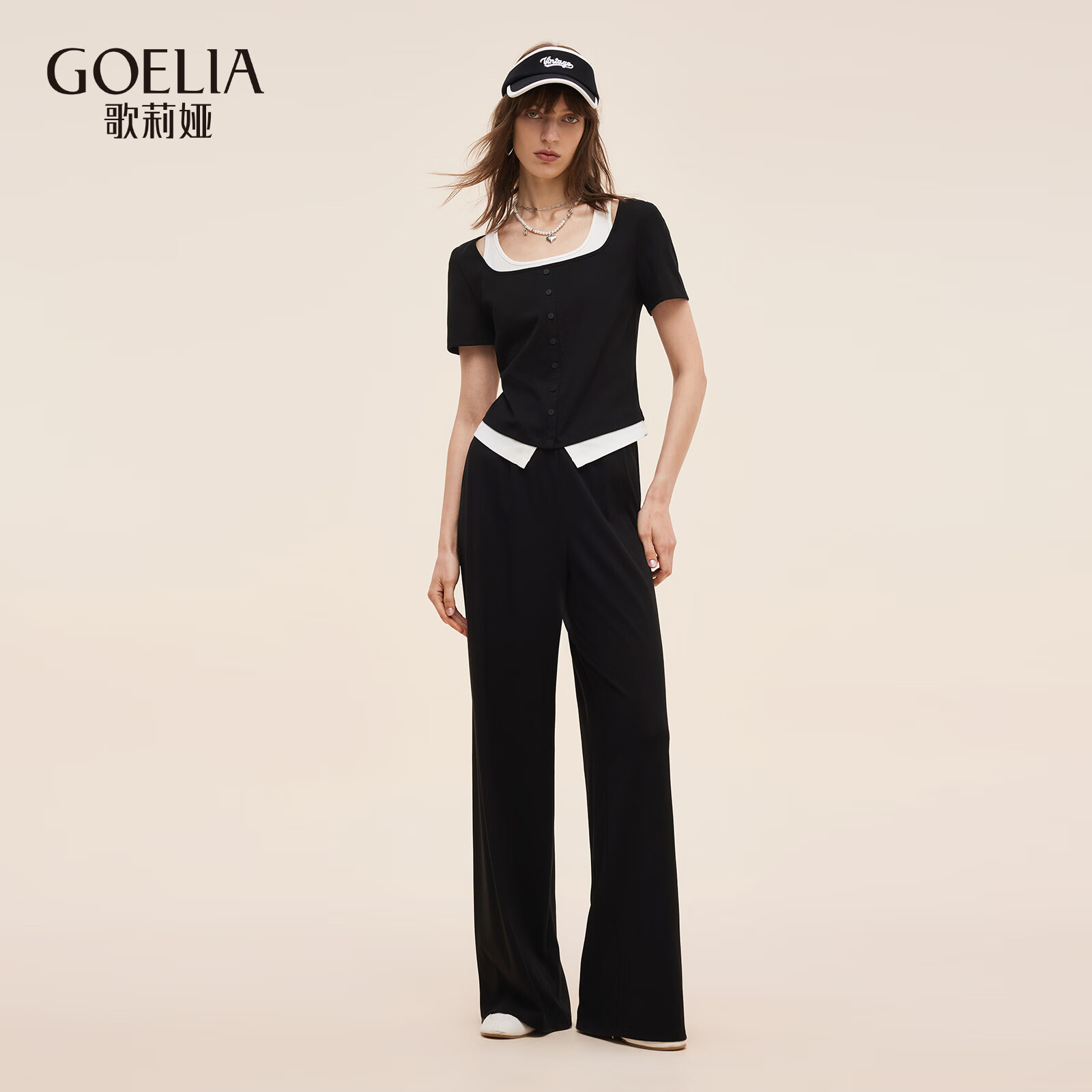 歌莉娅休闲松弛感穿搭套装女夏季2025新款一整套两件套1E7JAC280 00B黑色 M