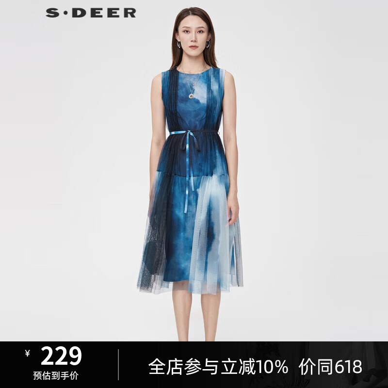 S.DEER圣迪奧時尚百搭女裝圓領(lǐng)水墨印花網(wǎng)紗無袖連衣裙S22281212 炭黑藍(lán)/94 L 170