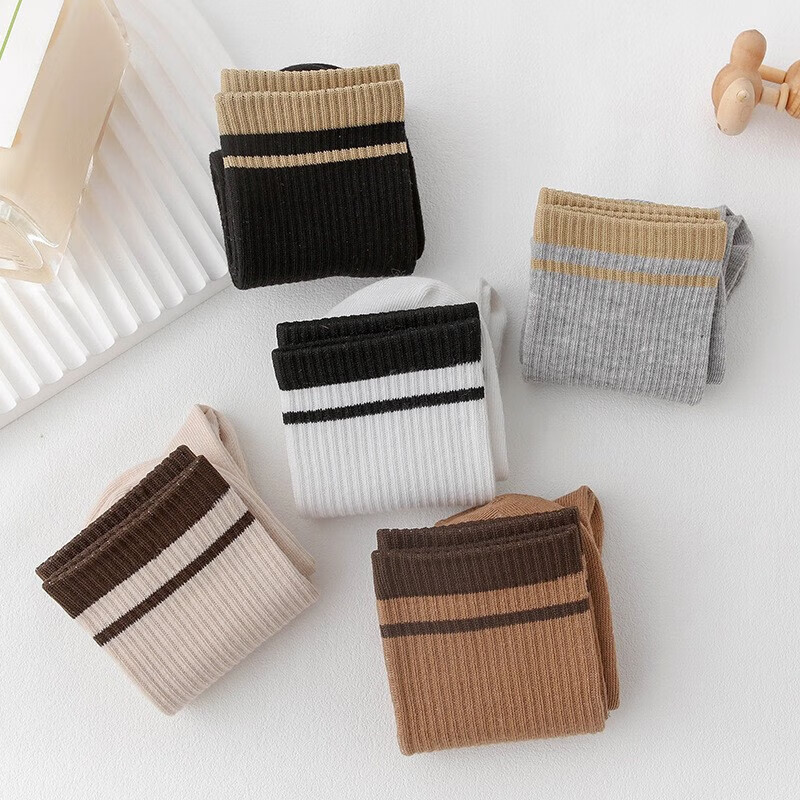 米大爷袜子女秋冬季中筒袜女士纯色条纹袜吸汗透气休闲运动女长袜子 纯色单杠中筒袜 5双 均码 (36-40码)