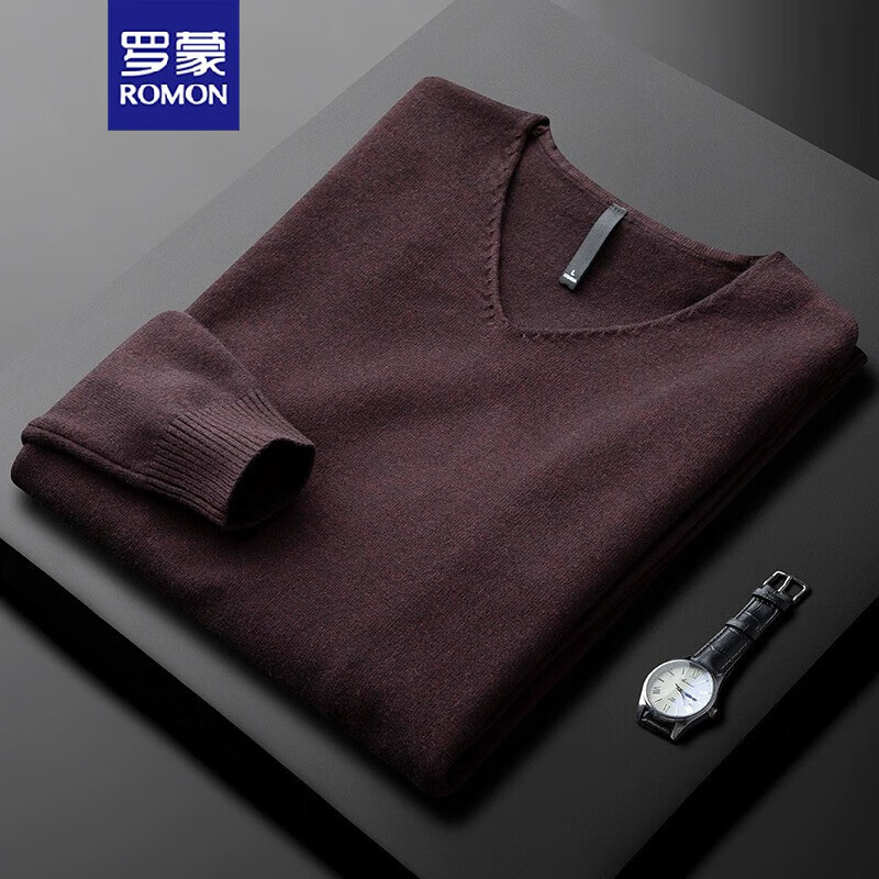 罗蒙（ROMON）轻奢保暖V领毛衣男士修身轻奢商务秋冬季打底衫休闲纯色针织衫潮 咖红 3XL 155-170斤