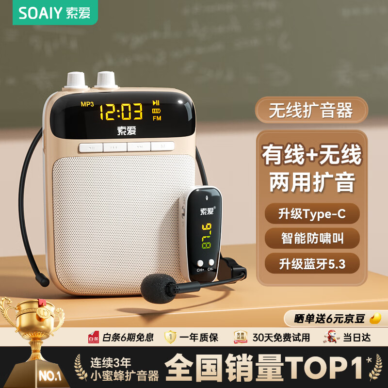 索爱（soaiy）S-518 FM无线小蜜蜂扩音器教师专用U盘TF卡麦克风喇叭导游收音机蓝牙户外音箱音响便携式 油彩白